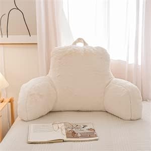 Ntbed Faux Fur Reading Pillow Large Adult Teens Back Rest Pillow with Arms, Bedrest Pillow for Sitting Up in Bed (Ivory, Large) 6 inches Whi…