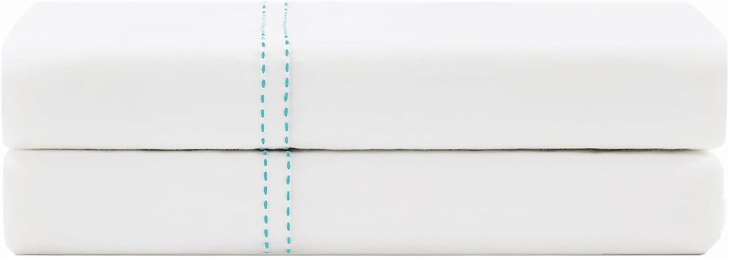 Scout 100% Cotton Percale Pick Stitch 2-Piece Standard Pillowcases in White/Seafoam, Solid Color, Oeko-TEX Certified Cotton White