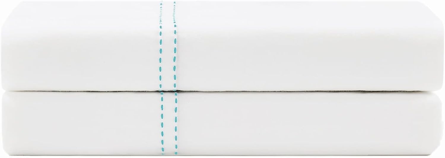 Scout 100% Cotton Percale Pick Stitch 2-Piece Standard Pillowcases in White/Seafoam, Solid Color, Oeko-TEX Certified Cotton White