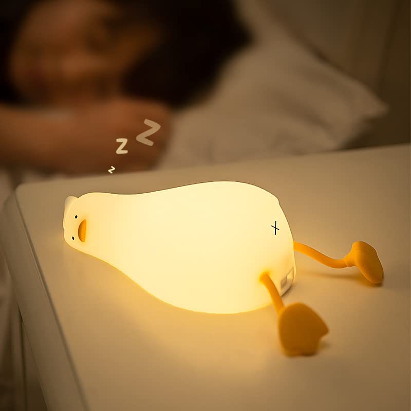Cute Lying Flat Duck Night Light, 3 Level Dimmable Nursery Nightlight, Kawaii Lamps Squishy Silicone Light Up Duck, Rechargeable Touch…