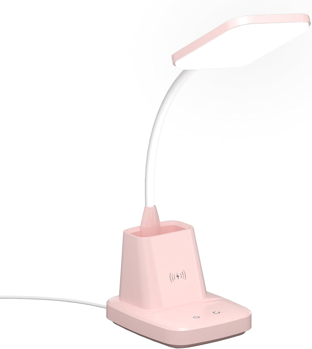Pink Desk Lamp, Small Desk Lamp with Pen Holder, Wireless Charger LED Desk Lamps for Home Office, Kids Desk Lamps 800LM Flexible Arm 3…