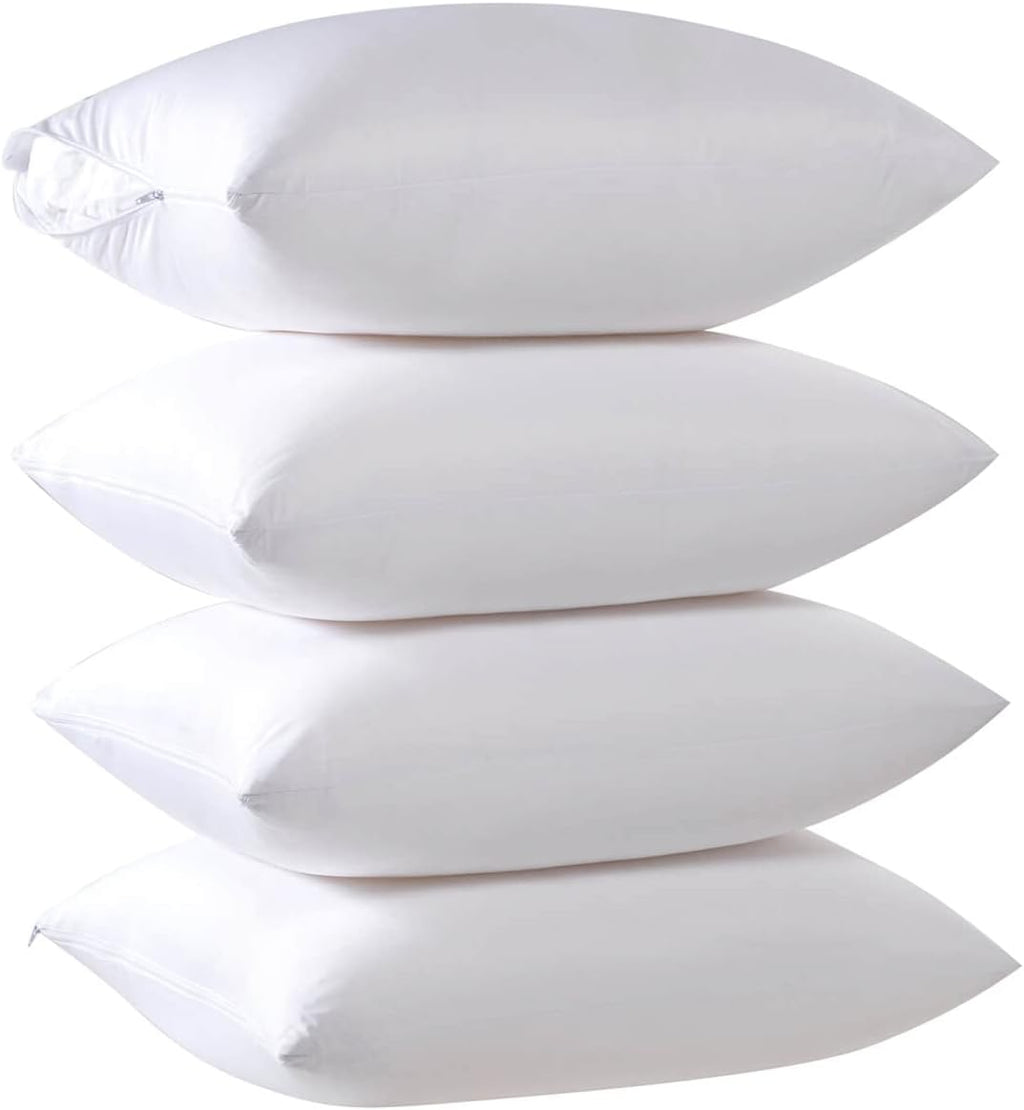 Kingnex 4 Pack Waterproof Down Feather Proof Pillow Protectors with Zipper Standard Size Set of 4 Poke Proof Bed Pillow Covers 4 Pack White