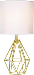 Gold Modern Small Table Lamp for Bedroom & Living Room - Geometric Metal Base, White Fabric Shade, Ideal for Bedside & Kids' Desk…