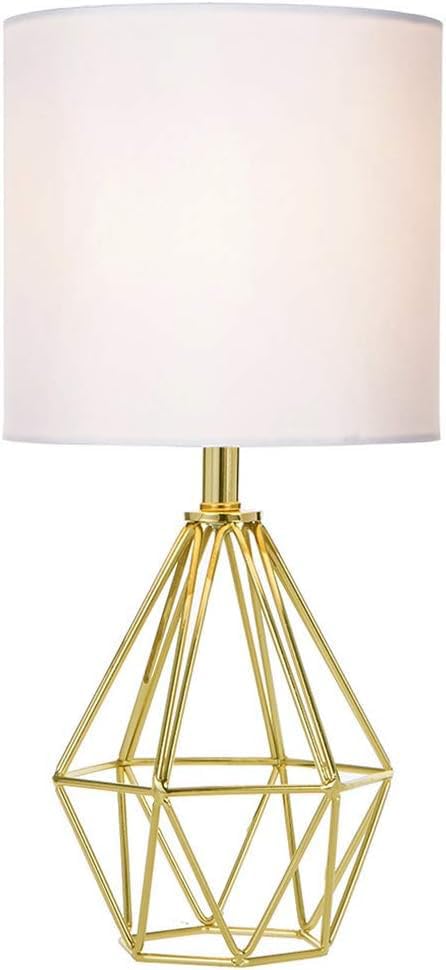 Gold Modern Small Table Lamp for Bedroom & Living Room - Geometric Metal Base, White Fabric Shade, Ideal for Bedside & Kids' Desk…