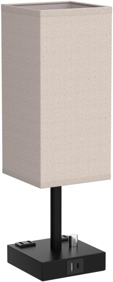 aooshine Fully Dimmable Nightstand Lamps Set of 2 - Table Bedside Lamp with USB C+A Charging Ports & 2 AC Outlets, Square Lamp Sets Linen…