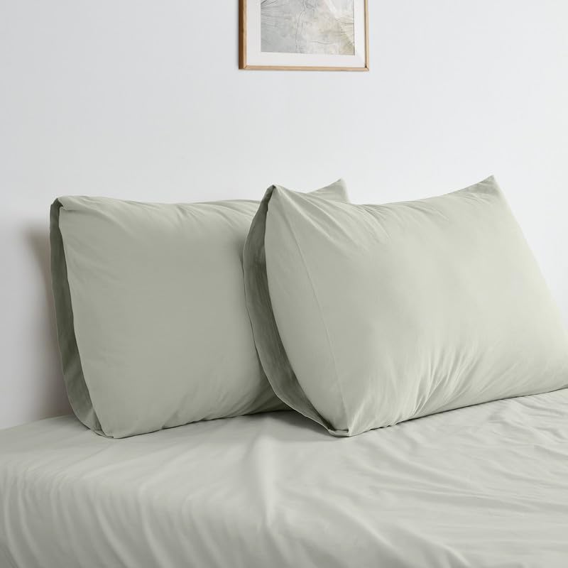 Bioweaves 100% Organic Washed Cotton Percale Weave Pillow Cases King Size GOTS Certified Queen Pillow Covers, Envelope Closure – Set of 2,…