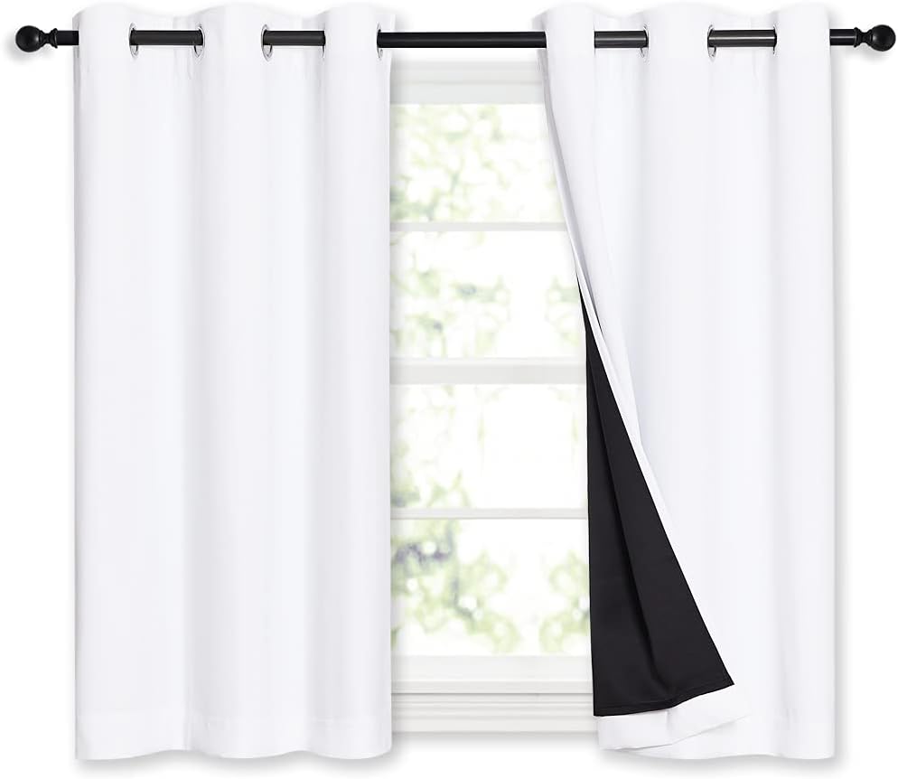 Nicetown White 100% Blackout Curtains 45 inches Long, 2 Thick Layers Completely Blackout Window Treatment Thermal Insulated Lined Drapes fo…