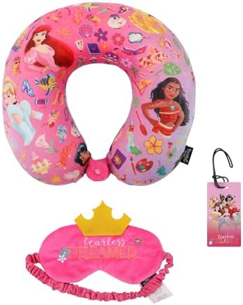 Bioworld Disney Princess 3-Piece Neck Pillow Travel Set with Eye Mask & Luggage Tag plastic Pink