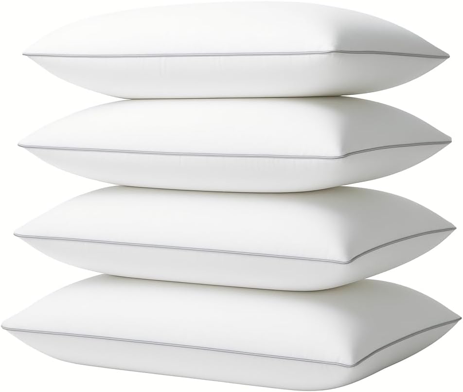 Generic 4 Pack Queen Size Bed Pillows for Sleeping – Soft & Supportive Down Alternative Pillows with Gray Piping, Easy to Wash, Hypo…