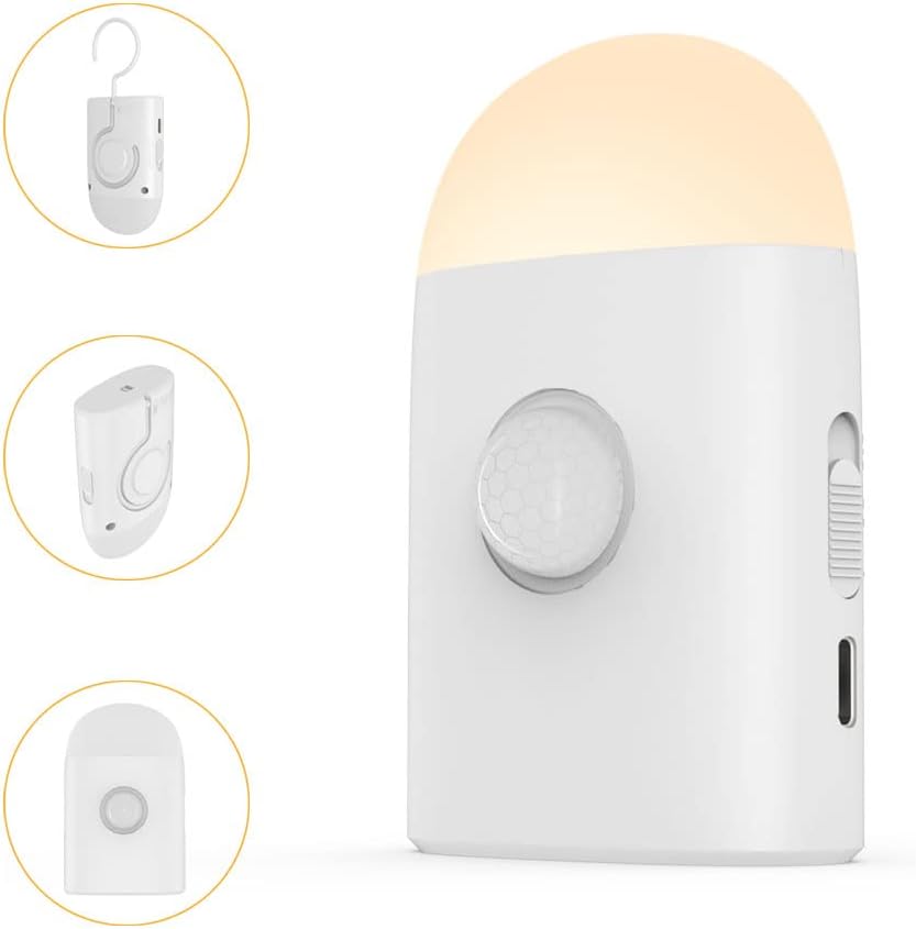 Rengmot Motion Sensor LED Night Lights Warm White with Adjustable Brightness Rechargeable Battery, with Hook and Stick-On for Cabinet, Ward…