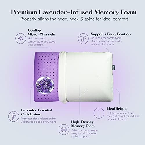 Sutera Cooling Lavender Zen Memory Foam Pillow for Sleeping - Essential Lavender Oil Infused, Cooling Pillow with Neck, Shoulder and Back S…