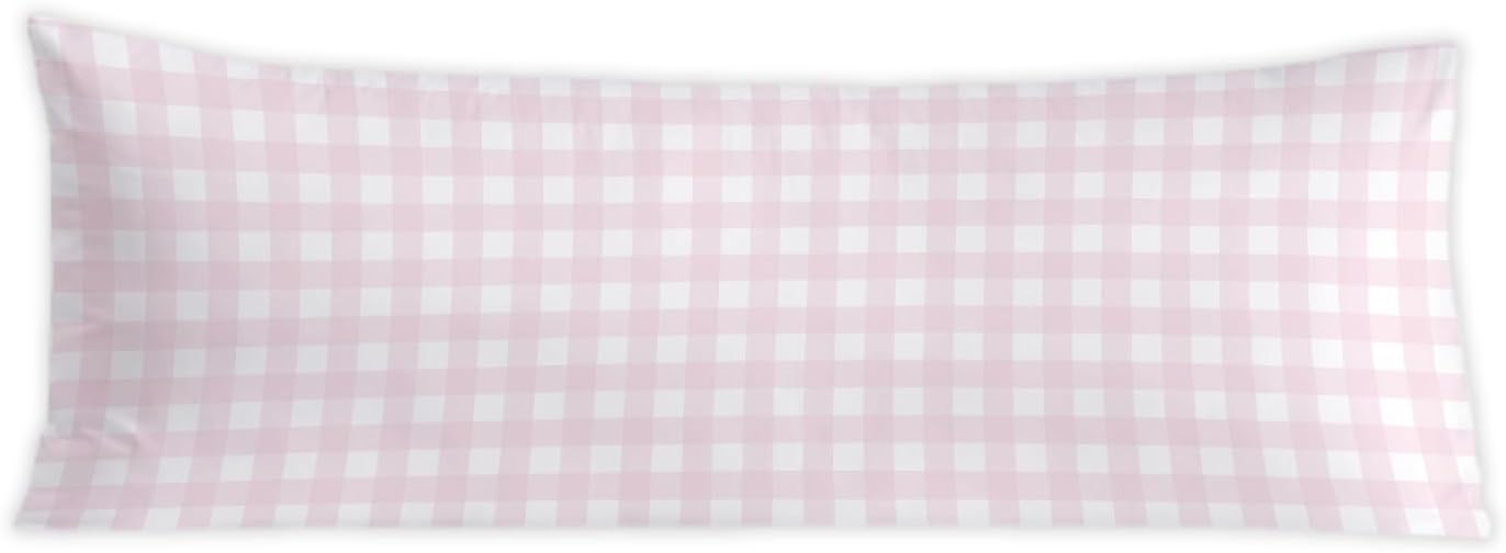 Pink Plaid Gingham 20x54 Body Pillow Cover, Preppy Room Dorm Decor, Girly Room Decor, Pink and White Checkered Decorative Long Body…