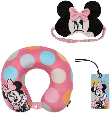 Bioworld Minnie Mouse Kids Travel Set with Neck Pillow Eye Mask and Luggage Tag - Disney Magic on the Go! Pink