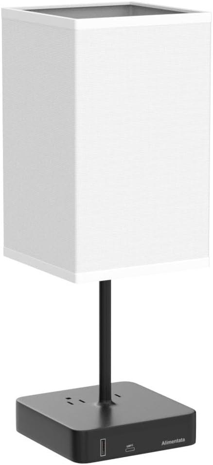 Bedside Table Lamp with Touch Control & USB C+A Charging Ports LED Desk Lamp with 2 AC Outlets, Minimalist Nightstand Light with Black…