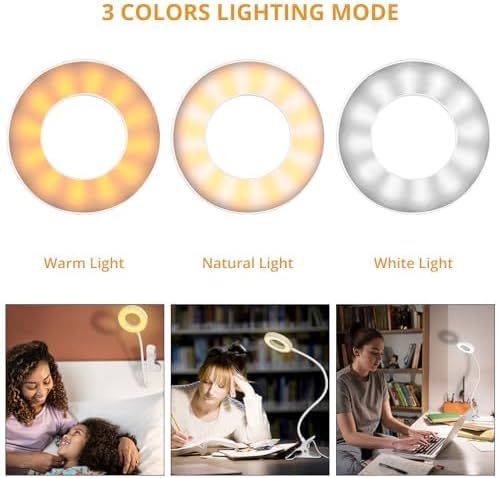 Woputne Desk Clip on Lamp for Reading Home Office, with 5V 2A Adapter, 10 Dimmable Brightness 3 Modes, Clamp Reading Light for Bed Headboar…