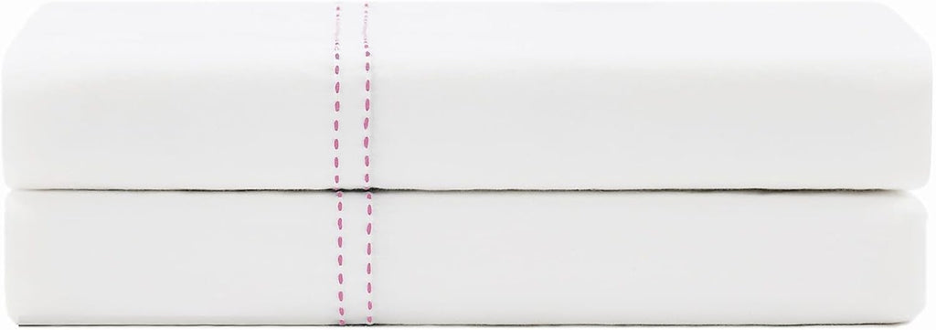 Scout 100% Cotton Percale Pick Stitch 2-Piece Standard Pillowcases in White/Pink Lemonade, Solid Color, Oeko-TEX Certified Cotton White