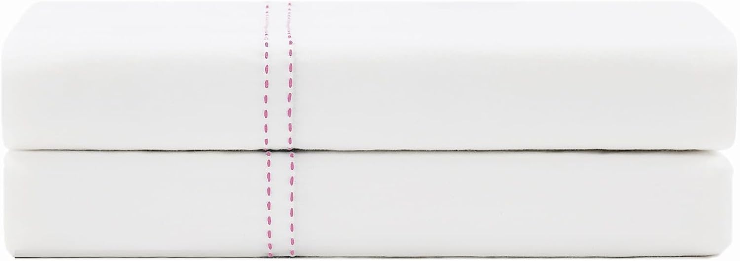 Scout 100% Cotton Percale Pick Stitch 2-Piece Standard Pillowcases in White/Pink Lemonade, Solid Color, Oeko-TEX Certified Cotton White
