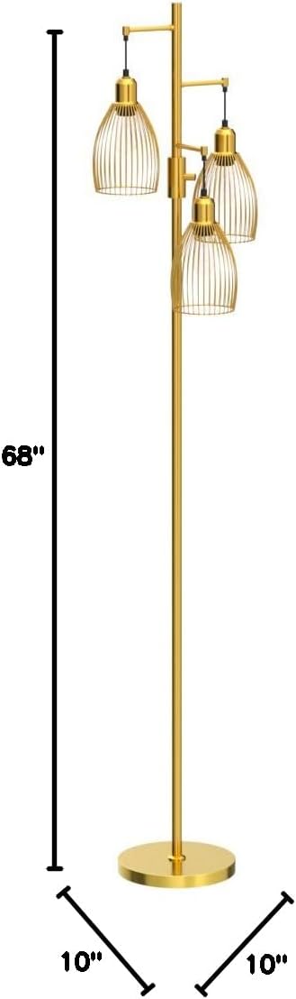 Dimmable Floor Lamp, Industrial Floor Lamps for Living Room, Gold Tree Lamp Standing Lamp Tall Lamps with 3 Elegant Teardrop Cage Head &…