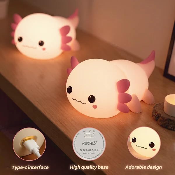Mewaii Huggwaii Squishy Axolotl Night Light for Kids – Dimmable Silicone Axolotl Lamp, 2025 Upgraded Baby Night Light, Rechargeable, 20H Ba…