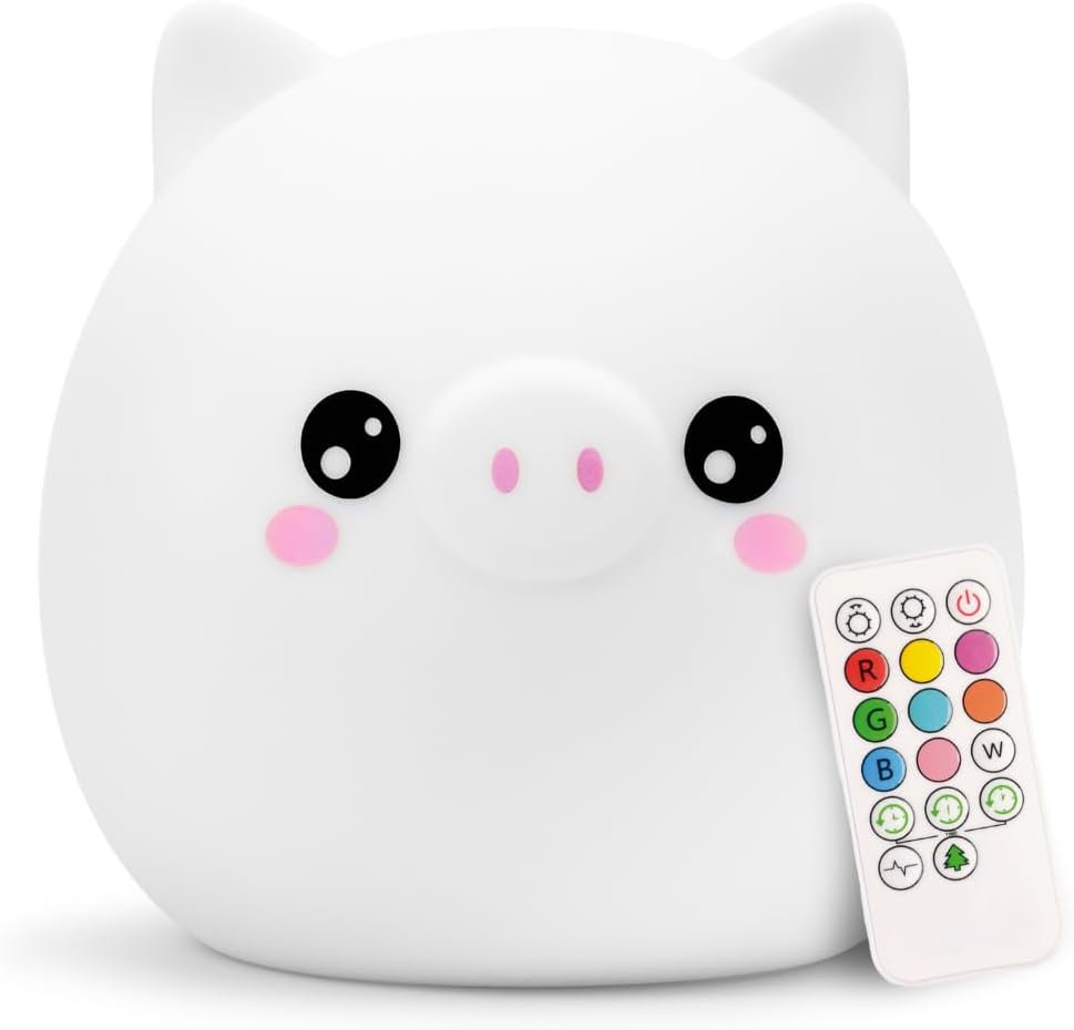 Lumipets Remote Control Silicone Night Light for Kids - Pig Design with 9 Soft Colors & Sleep Timer - Rechargeable, Battery-Operated Lamp…