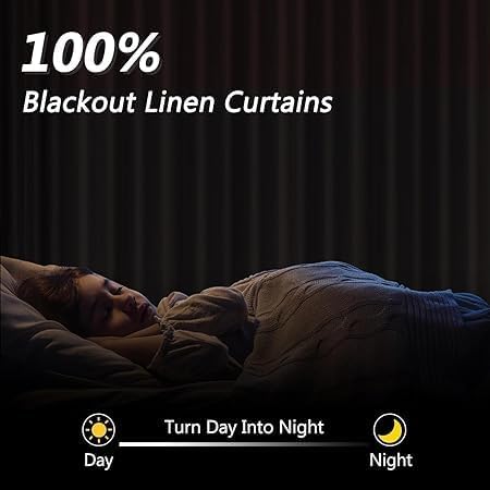 Guken 100% Blackout Linen Curtains 63 Inch Length 2 Panels Set for Living Room Bedroom Back Tab/Rod Pocket Thermal Insulated Black Out Drap…