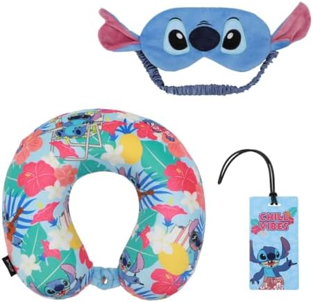 Bioworld Lilo & Stitch kids Travel Set with Neck Pillow, Eye Mask, and Luggage Tag - Comfort and Style for Young Travelers!