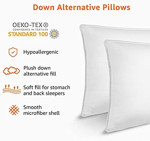 Amazon Basics Down Alternative Pillow for Side and Back Sleepers, Medium Density, Standard Size, 26" x 20", 2-Pack, White