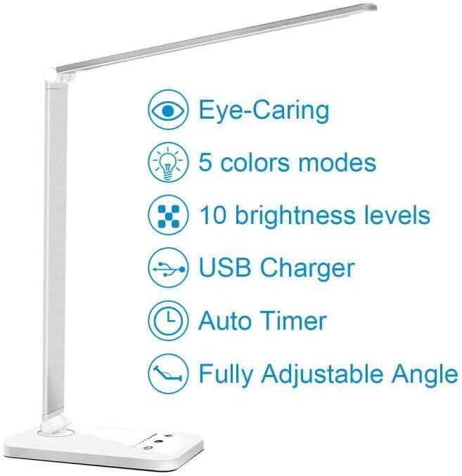 WhiteCrown White crown LED Desk Lamp Dimmable Table Lamp Reading Lamp with USB Charging Port, 5 Lighting Modes, Sensitive Control, 30/60 Mi…