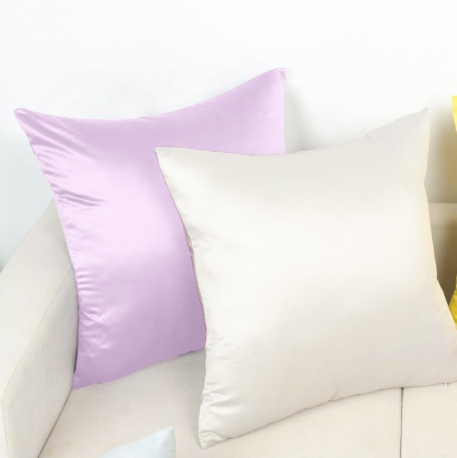 TREELY Lavender 18x18 Pillow Cover, Satin Decorative Throw Pillow Covers for Couch, Sofa, Bedroom, 2 Pack Euro Square Pillowcases with Zipper