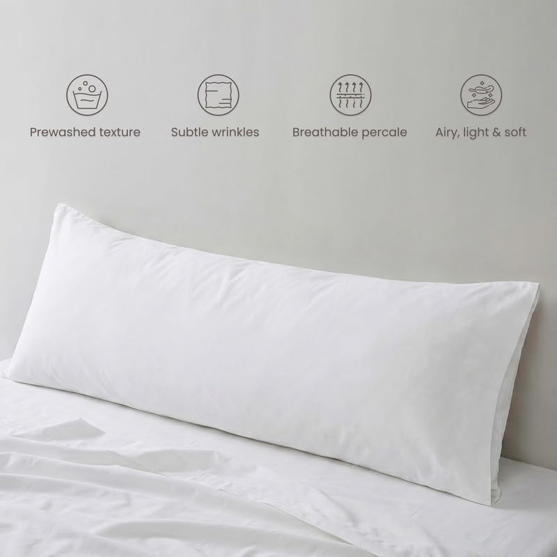 Bioweaves 100% Organic Washed Cotton Percale Weave Body Pillow Cover GOTS Certified Body Pillow Pillowcase – 21” x 54”, White Cotton White