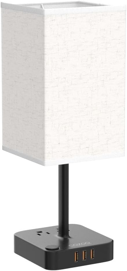 COZOO USB Bedside Dimmable Table Desk Lamp with 2 USB Charging Ports 2 Outlets Power Strip, Black Charger Base Flaxen Fabric Shade, LED…