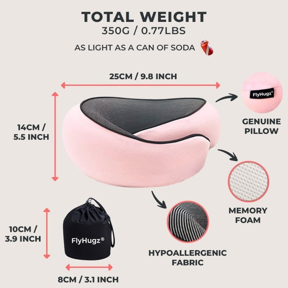 FlyHugz® Neck Travel Pillow Memory Foam Neck Pillow for Comfort on Airplane Compact and Ergonomic Design for Travel, Car Rides, and Home…