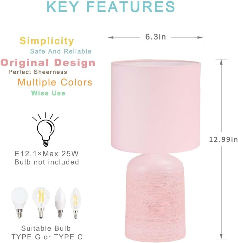Maye Small Ceramic Table Lamp for Living Room and Bedroom, Modern Kids Night Table Lamp, Φ6.3×H13IN, Bulb Excluded, Light Pink