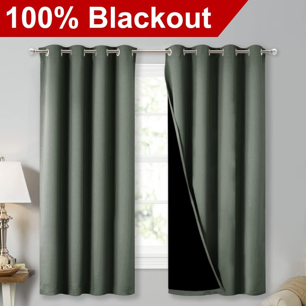 Nicetown Dark Mallard 100% Blackout Lined Curtains, 2 Thick Layers Completely Blackout Window Treatment Thermal Insulated Drapes for Kitche…