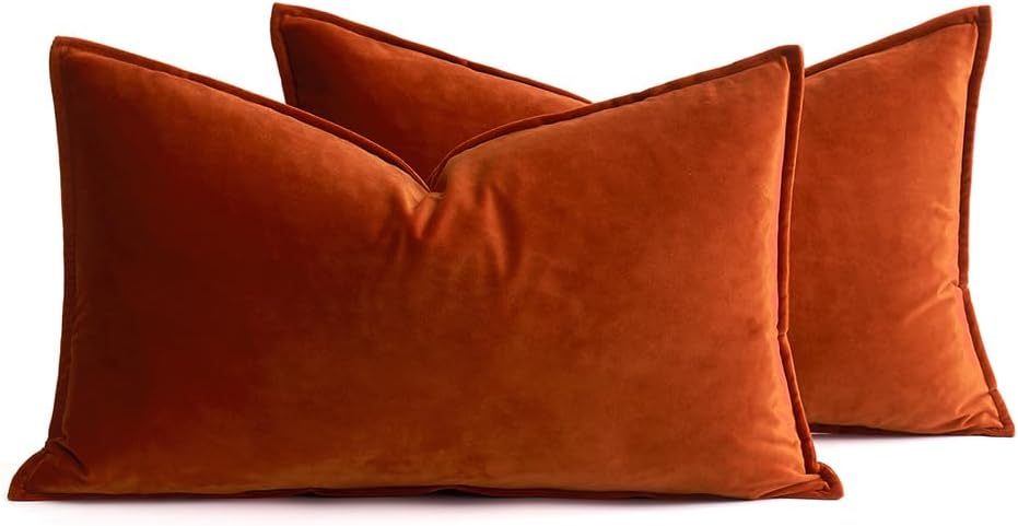 Miulee Burnt Orange Velvet Lumbar Throw Pillow Covers 12x20 Soft Decorative Solid Square Cushion Cases Pack of 2 Modern Luxury Home Decor f…