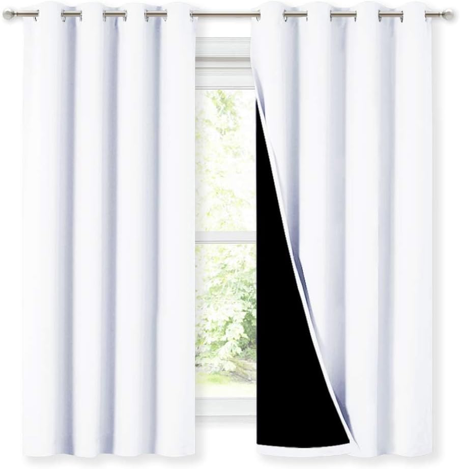Nicetown White 100% Blackout Lined Curtains, 2 Thick Layers Completely Blackout Window Treatment Thermal Insulated Drapes for Kitchen/Bedro…