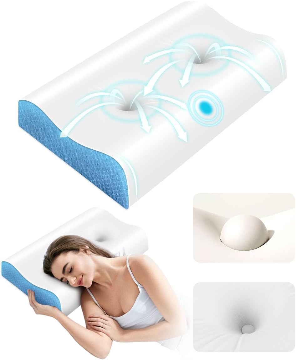 Tskuiqi Cervical Pillow for Neck - Contour Pillow Memory Foam Pillows for Sleeping, Double Ear Relief Zones Neck Pillow, 6CM Enhance…