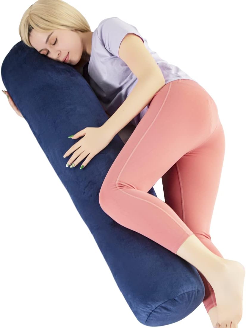 1 MIDDLE ONE Body Pillow for Adults, Bolster Pillow with Removable Velvet Cover, Long Round Cervical Roll Pillow, 47" x 7.87", Blue