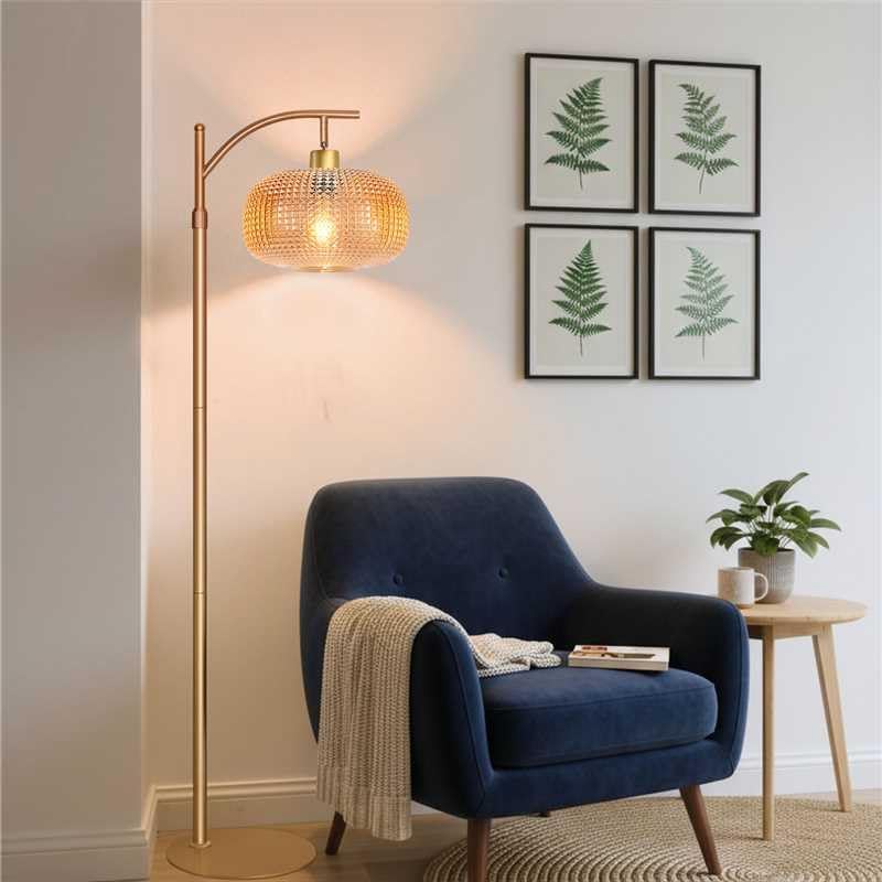 Glass Floor Lamp for Living Room with Amber Glass Lampshade, Dimmable Modern Standing Lamp with 12W LED Bulb, Remote Control Tall Lamp…
