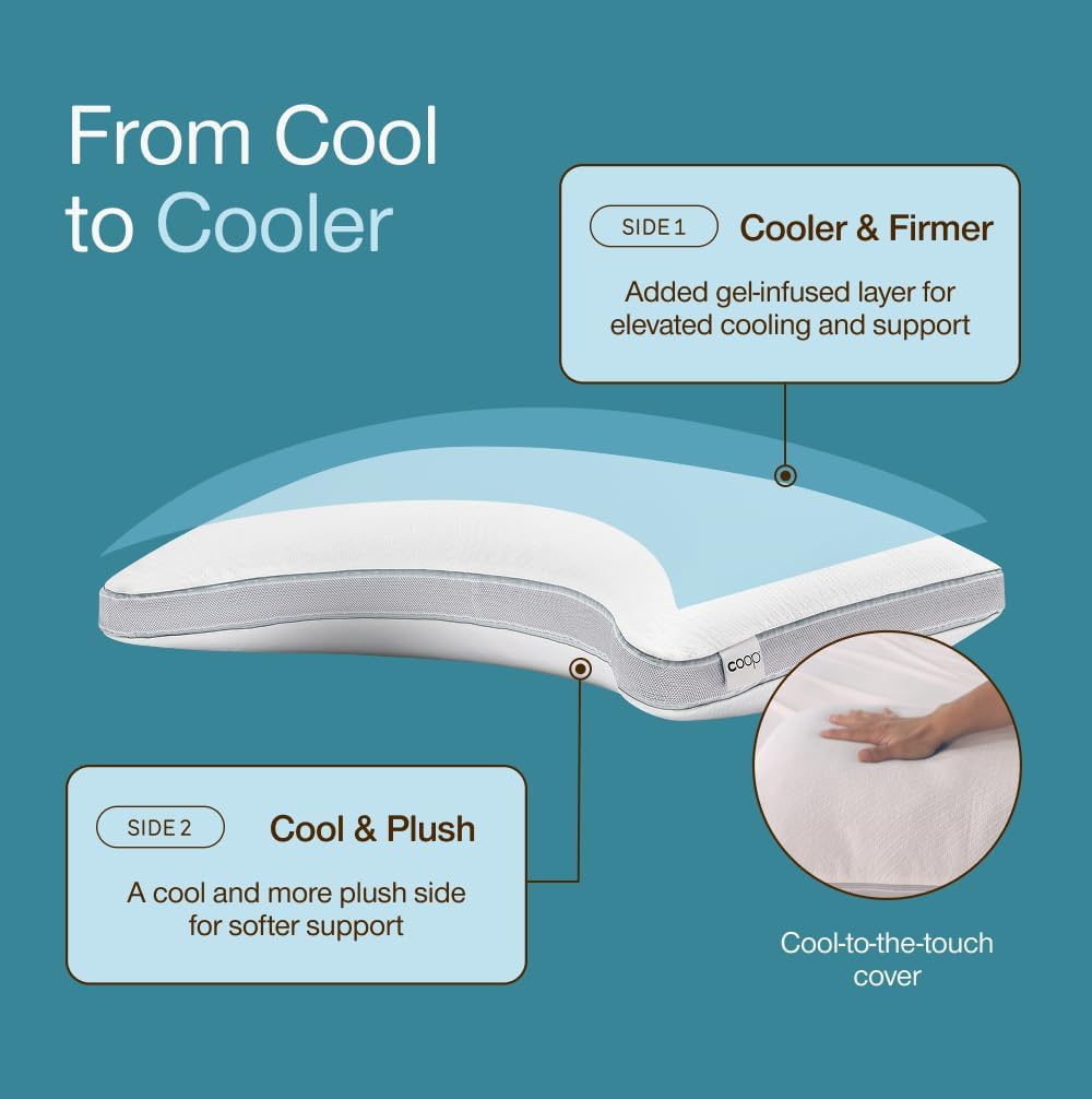Coop Home Goods Cool+ Crescent Adjustable Pillow, King Size Plus Shaped Memory Foam Pillows with Cooling Gel, Neck Support, Back or Side…