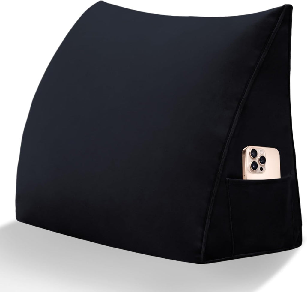Wedge Headboard Pillow Reading Backrest Pillow for Sitting in Bed Sofa Dorm with Removable Cover Side Pockets Dutch Velvet Fabric Black