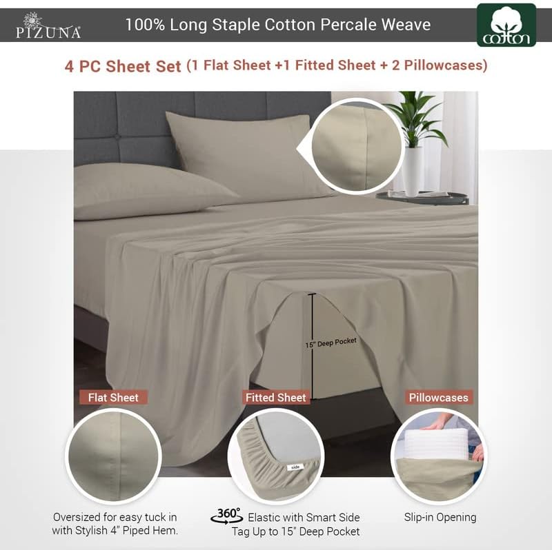 Pizuna 100% Cotton Queen Sheets Set - Crisp, Breathable Percale Weave Bed Sheets - Fully Elasticized 15" Deep Pocket Cooling Sheet - Long S…