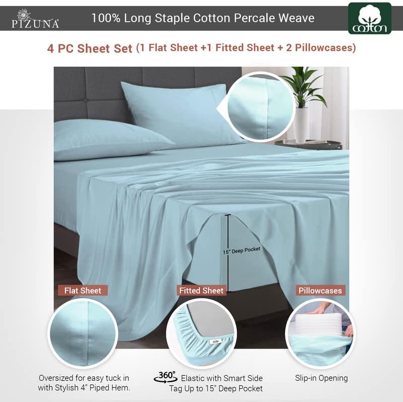 Pizuna 100% Cotton Full Sheets Set - Crisp, Breathable Percale Weave Bed Sheets - Fully Elasticized 15" Deep Pocket Cooling Sheet - Long St…