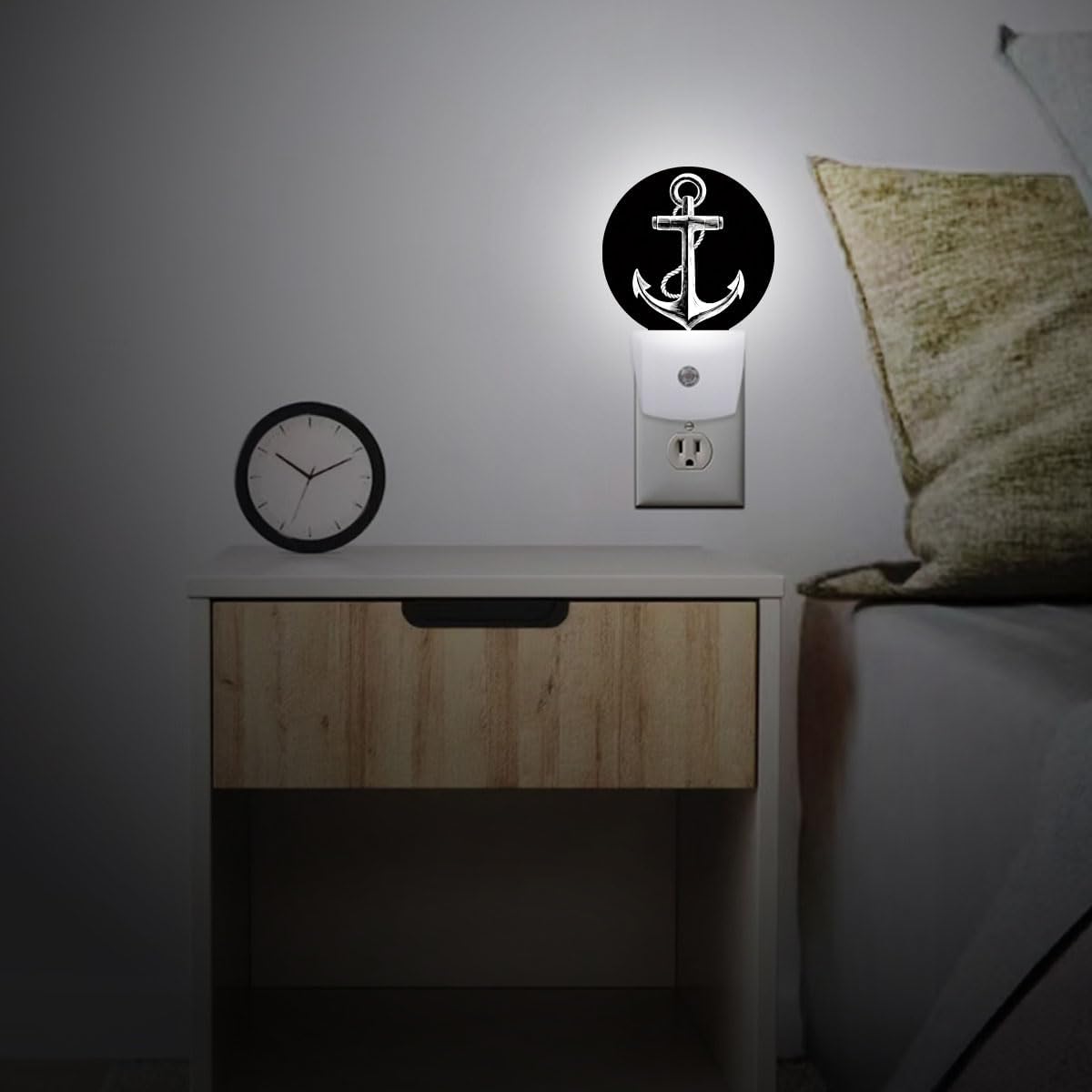 Nautical Anchor Black Night Light Plug Into Wall Auto Led Sleep Round Lamp for Living Room Hallway Stairs