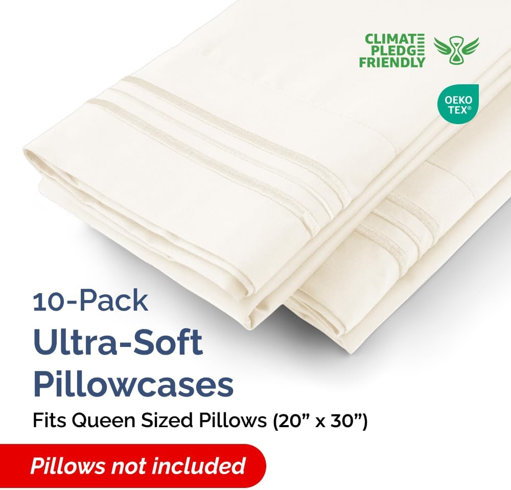 Queen Pillow Cases Set of 10 - Ultra Soft Hotel Quality Pillowcase Covers - Comfy, Cozy & Wrinkle Free - Shrink, Stain and Fade Resistant…