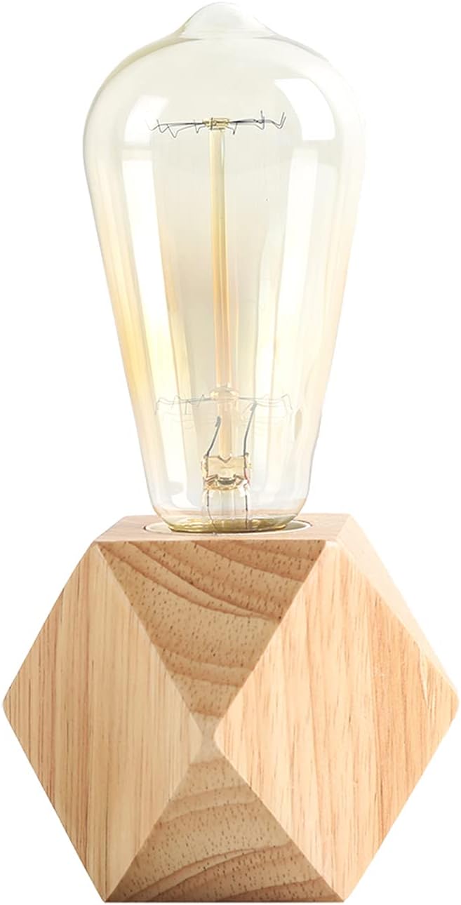 Small Wood Table Lamp Edison Bulb Dimmable Desk Lamp E26 60W Industrial Night Light Boho Deco for Bedroom, Living Room or Office(No Bulb)