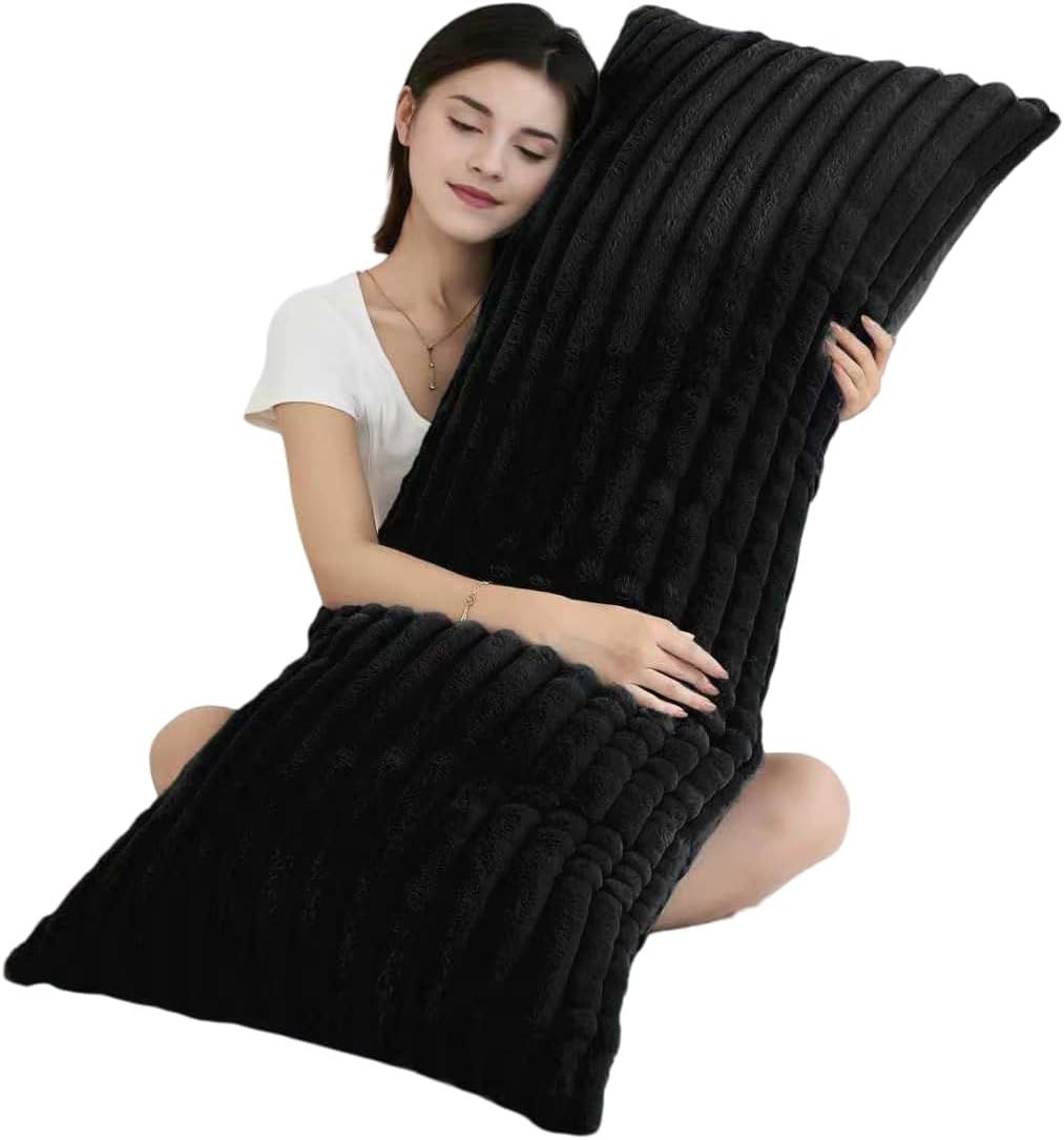 Memfydu Full Body Pillow with Fluffy Stripe Faux Fur Removable Cover, Long Bed Pillow Adult 20x54 Inches for Side Sleeper and Pregnancy, Bl…