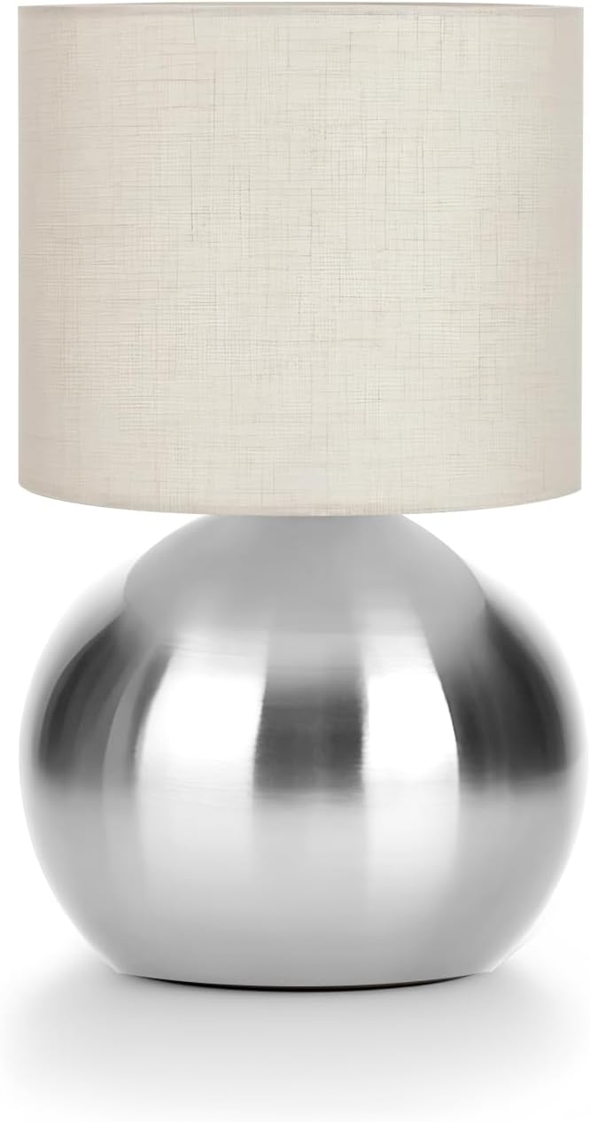 Modern Silvery Small Table Lamp with Cotton Linen Shade, 10.4-inch LED Desk Light, One-Button Switch for Bedroom, Living Room…