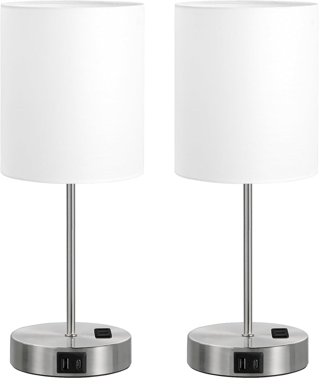 Fenmzeelighting White Touch Lamps for Nightstand Set of 2 - Bedside Table Lamp for Bedroom with Dual USB Ports & AC Outlet, 3-Way Dimmable…