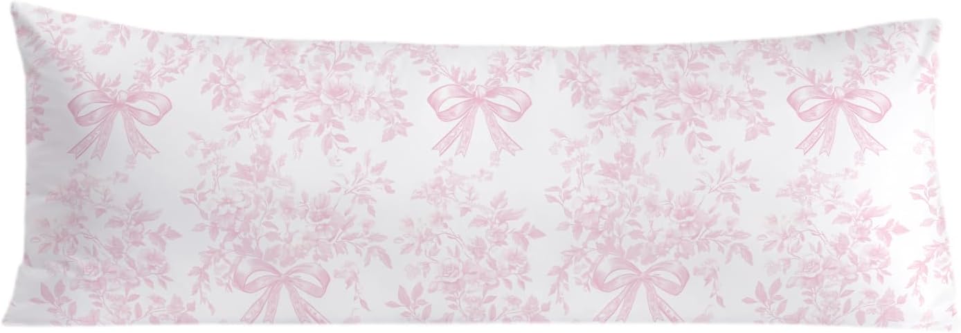 Chinoiserie Pink and White Floral 20x54 Body Pillow Cover, Chinoiserie Decor, Pink Coquette Bow Flowers Grand Millenial Decorative Long…